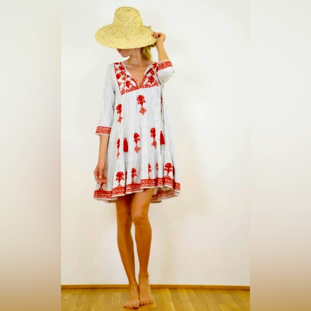 Delfina, Giada Dress, Size: S, in pinstripe and rich poppy red.